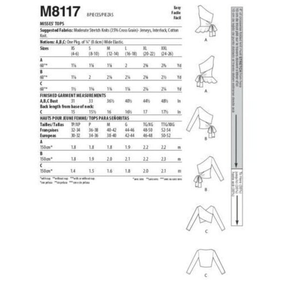 McCall's M8117 Misses XS to M Crossover Tops Uncut Sewing Pattern New - Picture 8 of 9